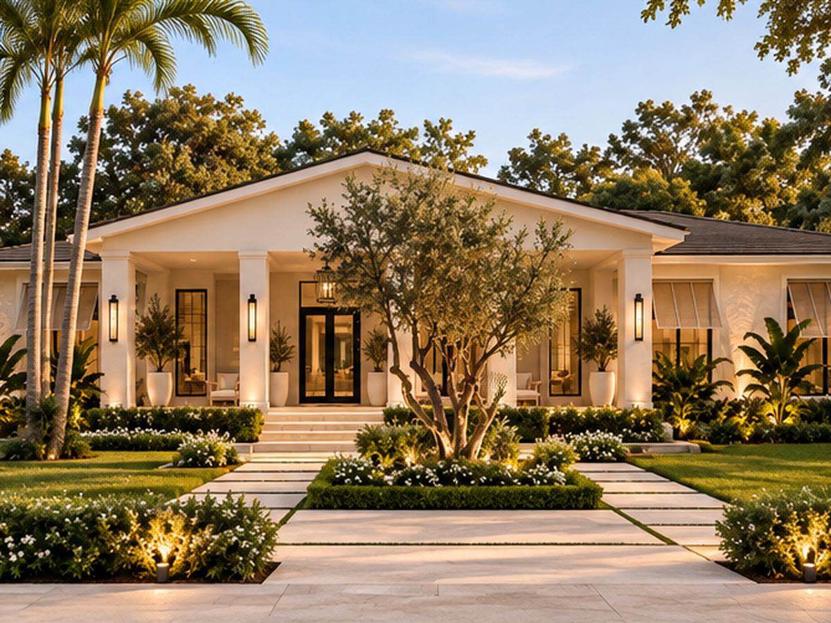 Rendering of Casa Agios: a single-story home with a columned porch, an olive tree in the front garden and warm evening light
