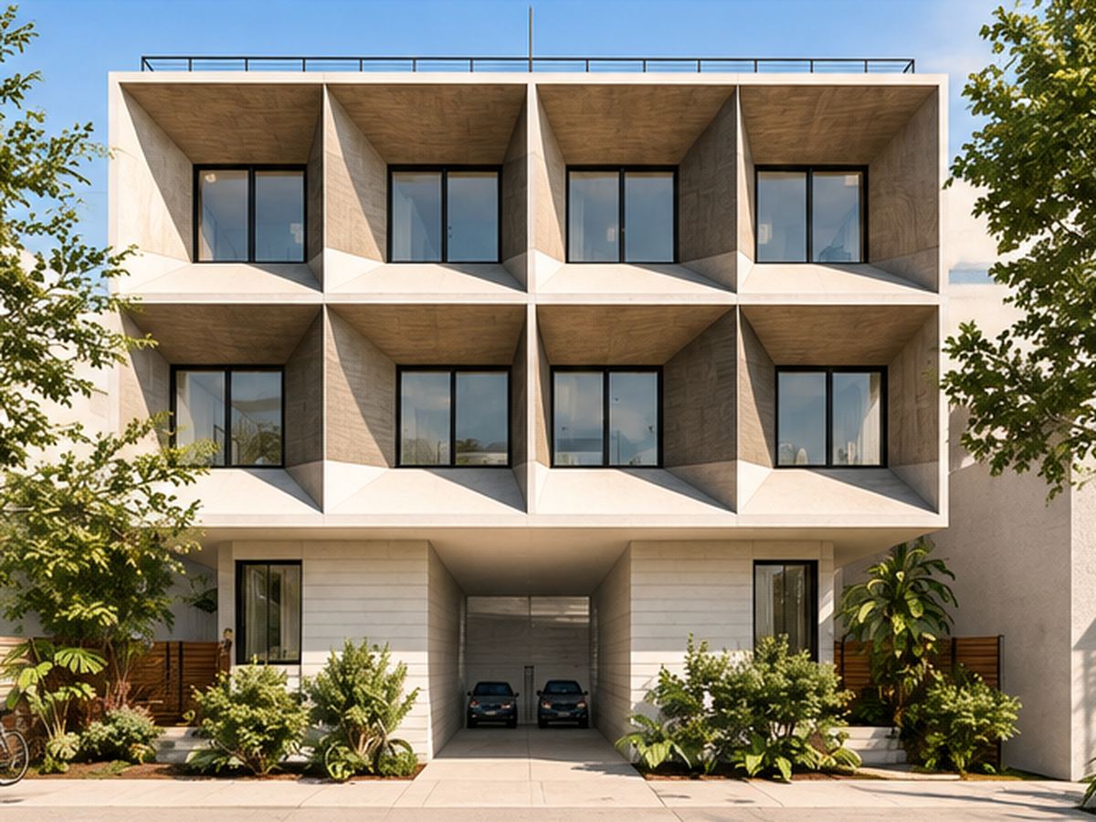 Rendering of Casa Andalucía: a three-story townhome building with a grid of deep, angled window bays