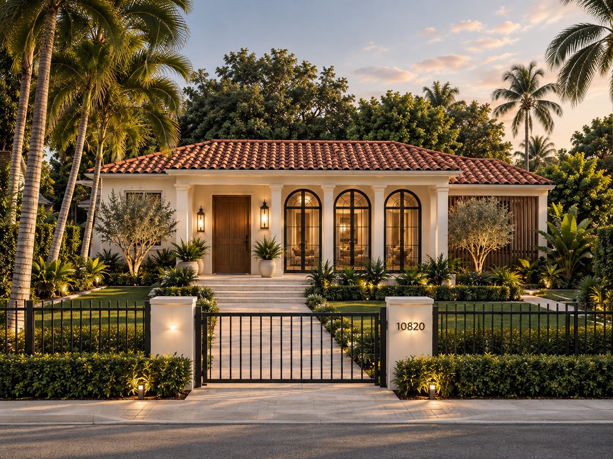 Rendering of Casa de La Luz: a single-story home with a clay tile roof, three arched glass doors and a garden, at dusk