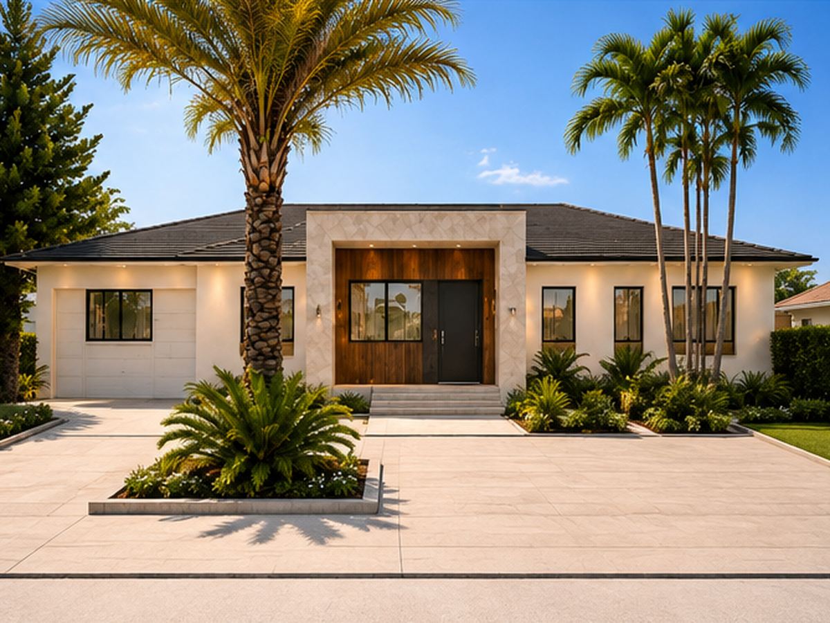Rendering of Shorehaus: a single-story modern home with a stone entry portal, wood-panelled front door and palms